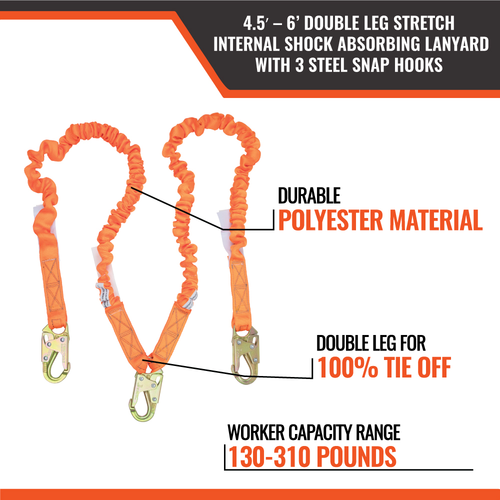 4.5' - 6’ DOUBLE LEG STRETCH INTERNAL SHOCK ABSORBING LANYARD WITH 3 STEEL SNAP HOOKS (10 Pack) - Image 3