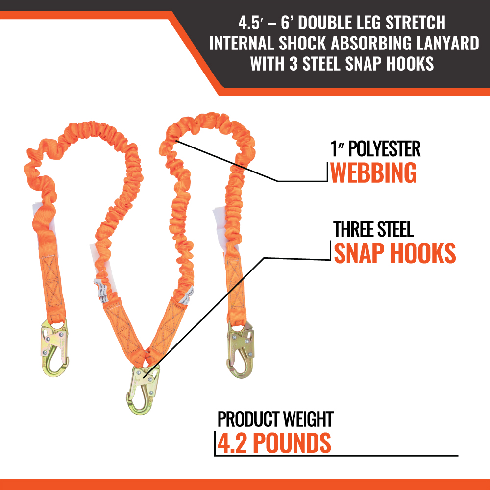 4.5' - 6’ DOUBLE LEG STRETCH INTERNAL SHOCK ABSORBING LANYARD WITH 3 STEEL SNAP HOOKS (10 Pack) - Image 4