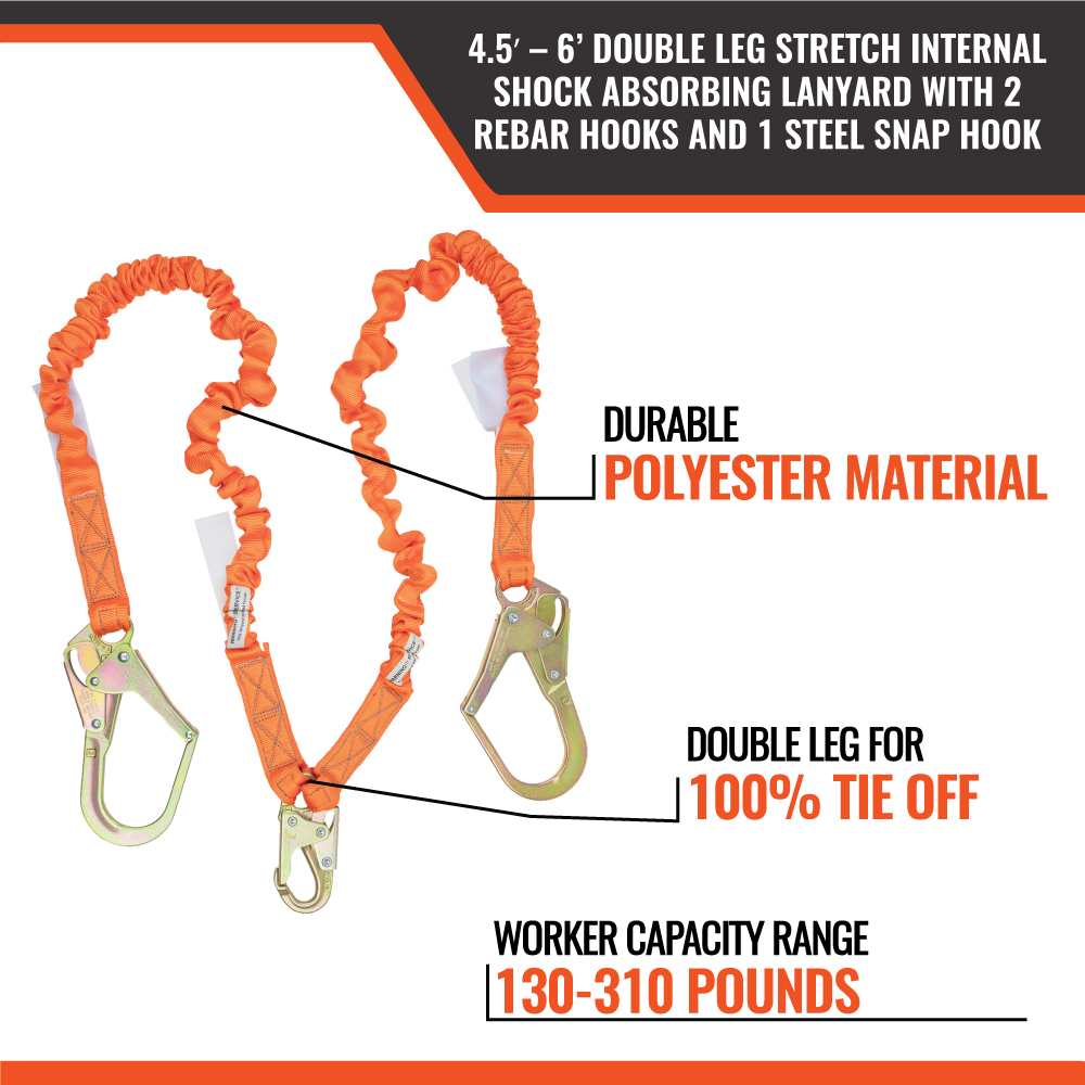 4.5' - 6’ DOUBLE LEG STRETCH INTERNAL SHOCK ABSORBING LANYARD WITH 2 REBAR HOOKS AND 1 STEEL SNAP HOOK - Image 7