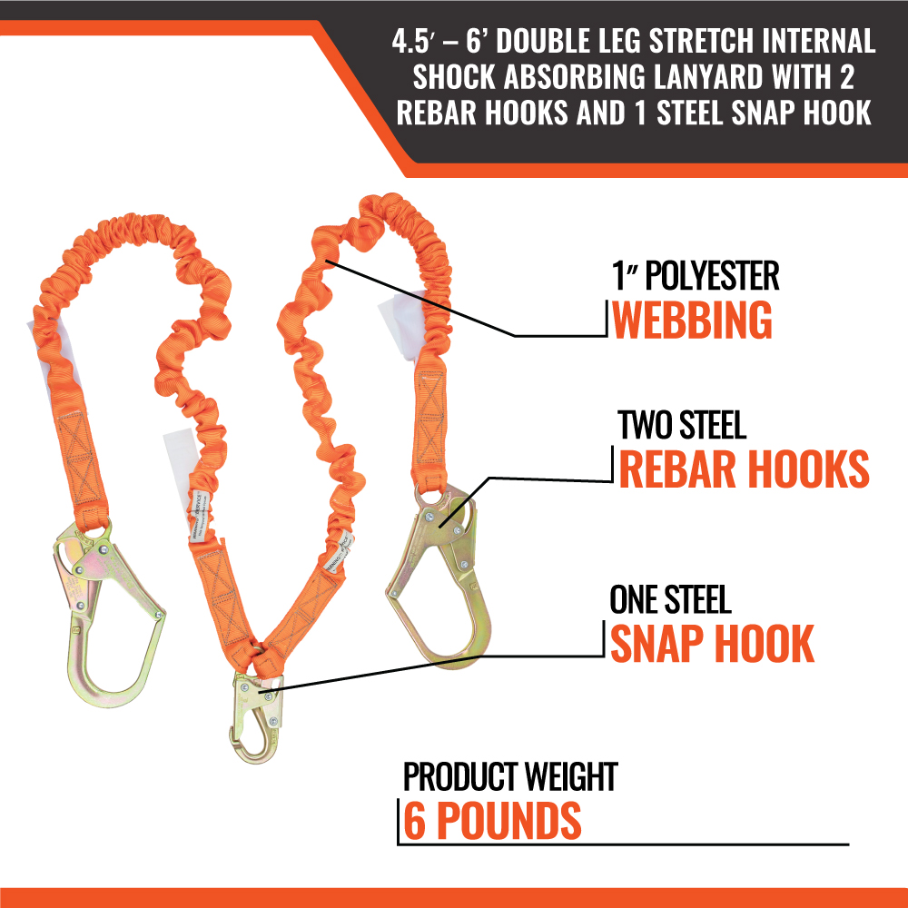 4.5' - 6’ DOUBLE LEG STRETCH INTERNAL SHOCK ABSORBING LANYARD WITH 2 REBAR HOOKS AND 1 STEEL SNAP HOOK - Image 8