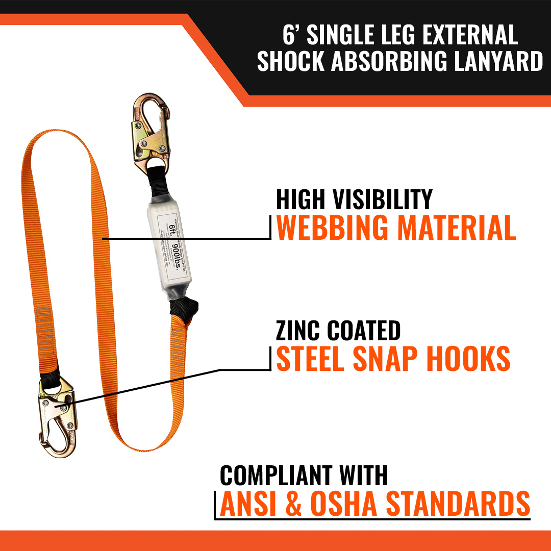 6’ SINGLE LEG EXTERNAL SHOCK ABSORBING LANYARD W/ 2 STEEL SNAP HOOKS - Image 3