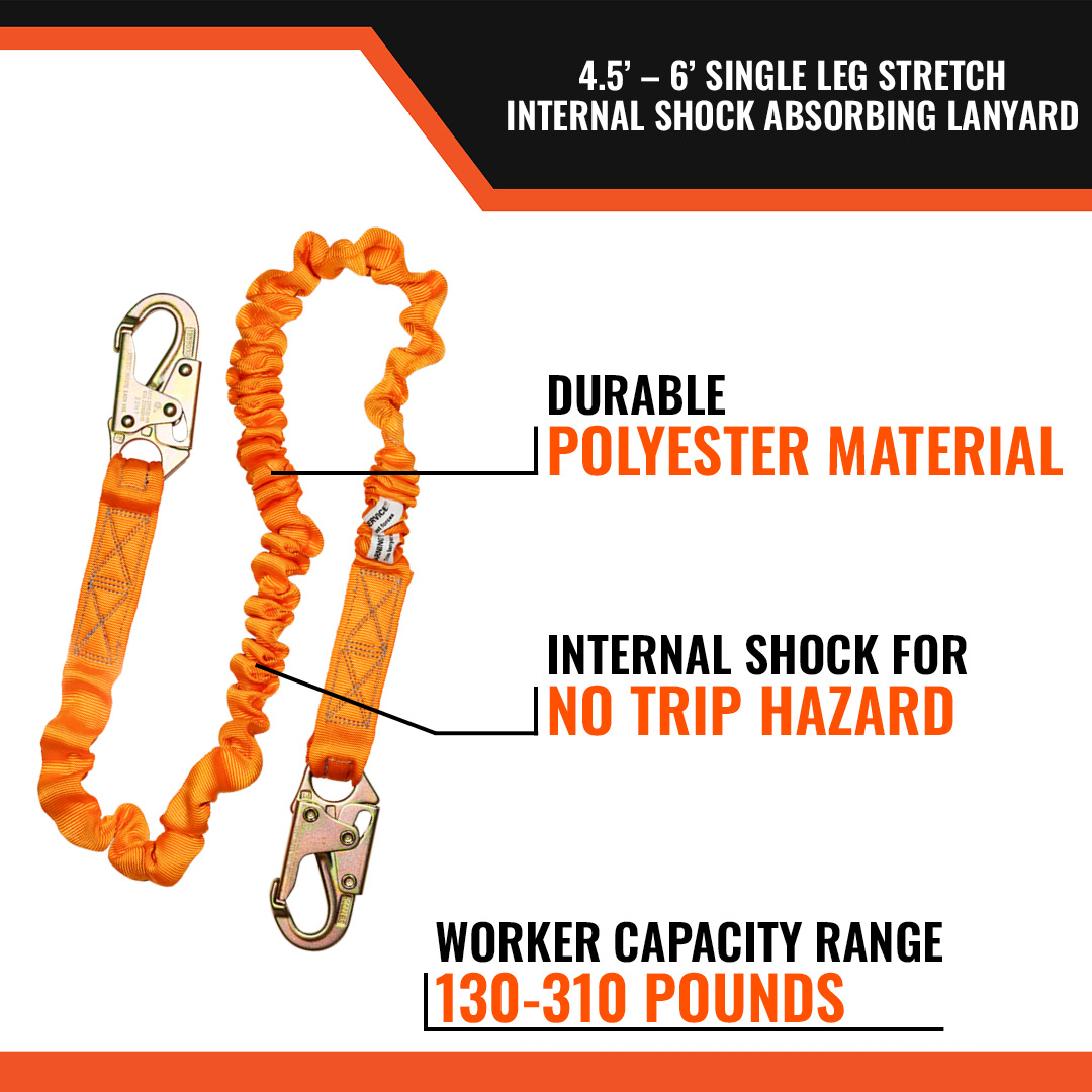 4.5' - 6’ SINGLE LEG STRETCH INTERNAL SHOCK ABSORBING LANYARD W/ 2 STEEL SNAP HOOKS - Image 2