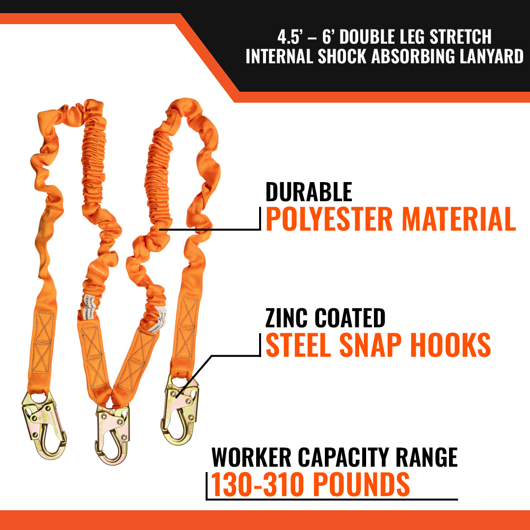 4.5' - 6’ DOUBLE LEG STRETCH INTERNAL SHOCK ABSORBING LANYARD WITH 3 STEEL SNAP HOOKS - Image 2