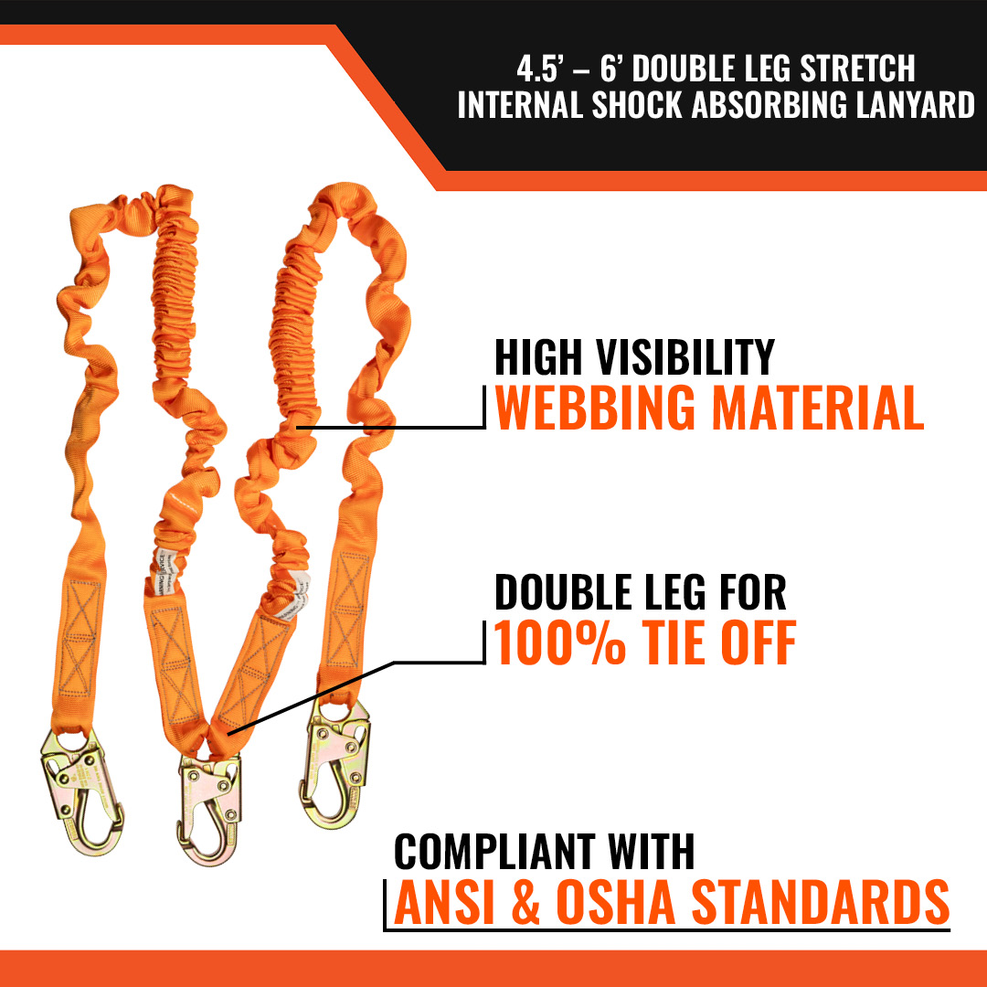 4.5' - 6’ DOUBLE LEG STRETCH INTERNAL SHOCK ABSORBING LANYARD WITH 3 STEEL SNAP HOOKS - Image 3