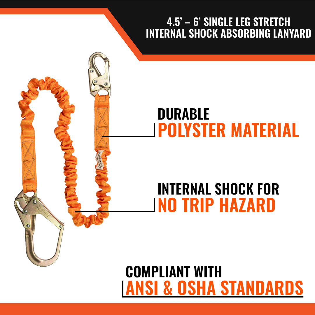 4.5' - 6’ SINGLE LEG STRETCH INTERNAL SHOCK ABSORBING LANYARD WITH 1 REBAR HOOK AND 1 STEEL SNAP HOOK - Image 3
