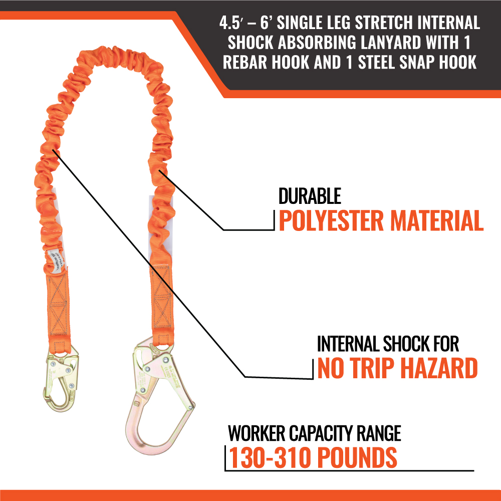 4.5' - 6’ SINGLE LEG STRETCH INTERNAL SHOCK ABSORBING LANYARD WITH 1 REBAR HOOK AND 1 STEEL SNAP HOOK - Image 7