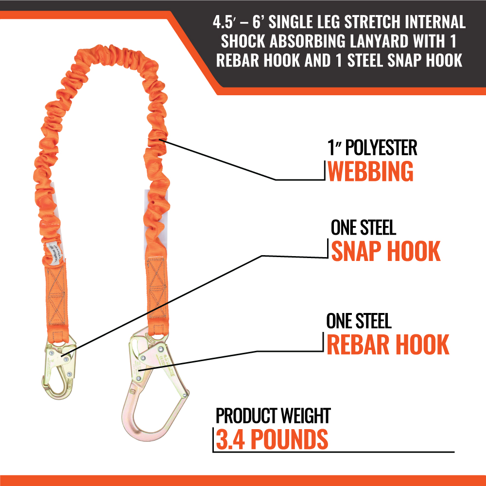 4.5' - 6’ SINGLE LEG STRETCH INTERNAL SHOCK ABSORBING LANYARD WITH 1 REBAR HOOK AND 1 STEEL SNAP HOOK - Image 8