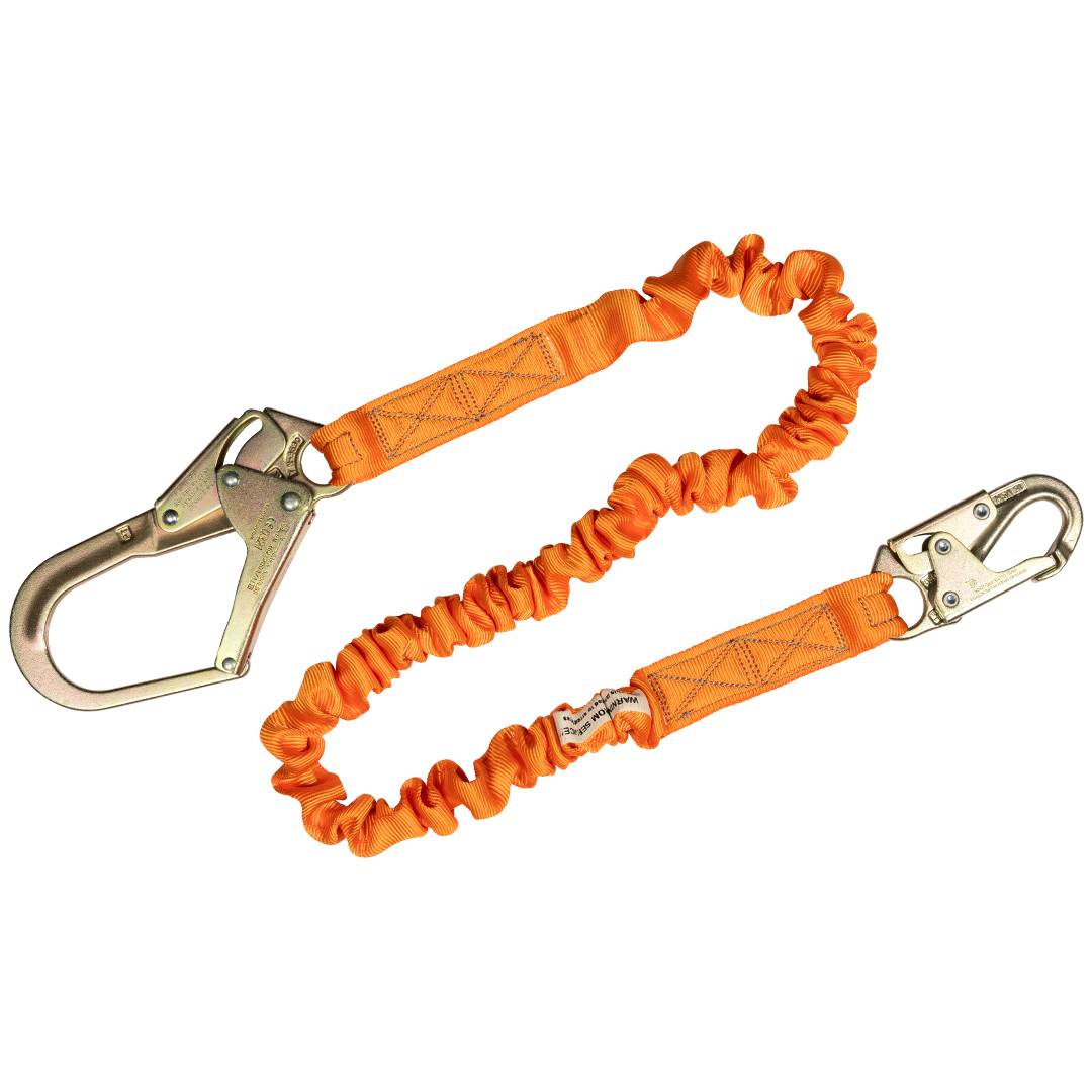 4.5' - 6’ SINGLE LEG STRETCH INTERNAL SHOCK ABSORBING LANYARD WITH 1 REBAR HOOK AND 1 STEEL SNAP HOOK