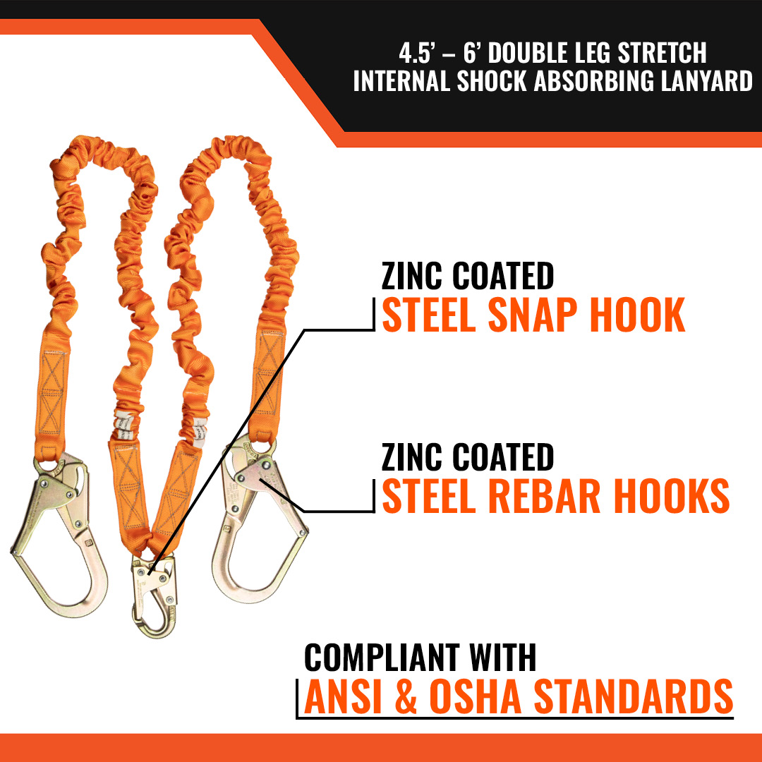 4.5' - 6’ DOUBLE LEG STRETCH INTERNAL SHOCK ABSORBING LANYARD WITH 2 REBAR HOOKS AND 1 STEEL SNAP HOOK - Image 2