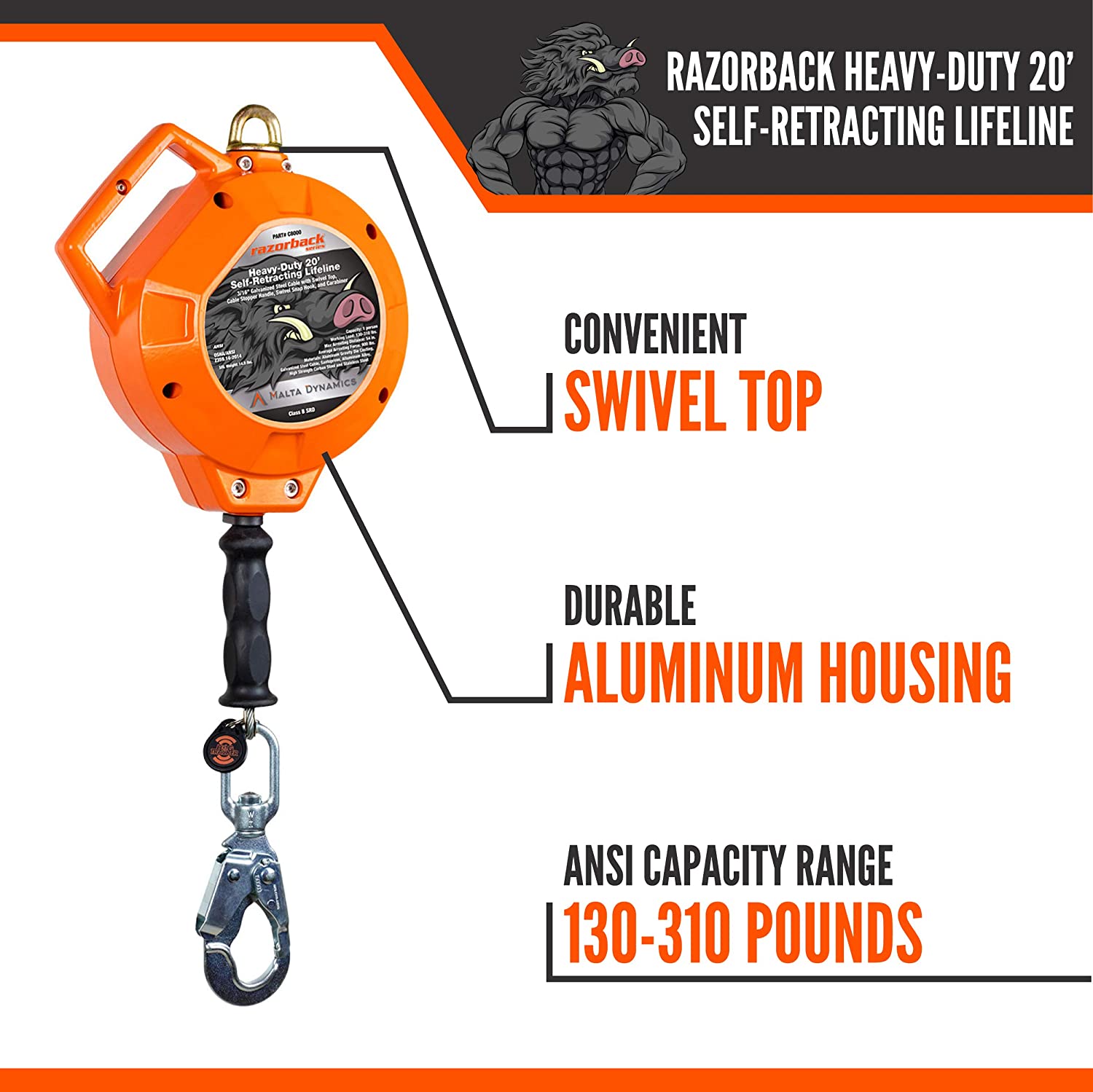 RAZORBACK HEAVY-DUTY 20' SELF-RETRACTING LIFELINE - Image 8